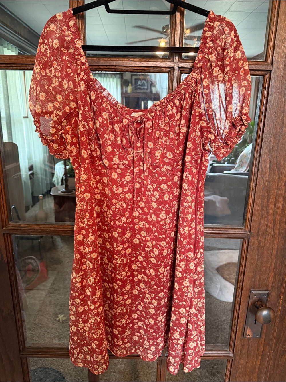 Rewind Rust Red Floral Puff-Sleeve Mini Dress